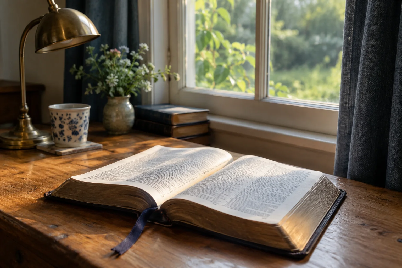 An open Bible beside a cottage window in soft morning light